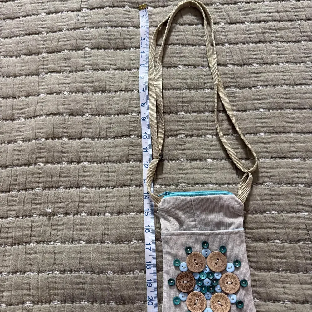 CUTE as a BUTTON handmade Boho crossbody embellished tan Bag. Cottage Core